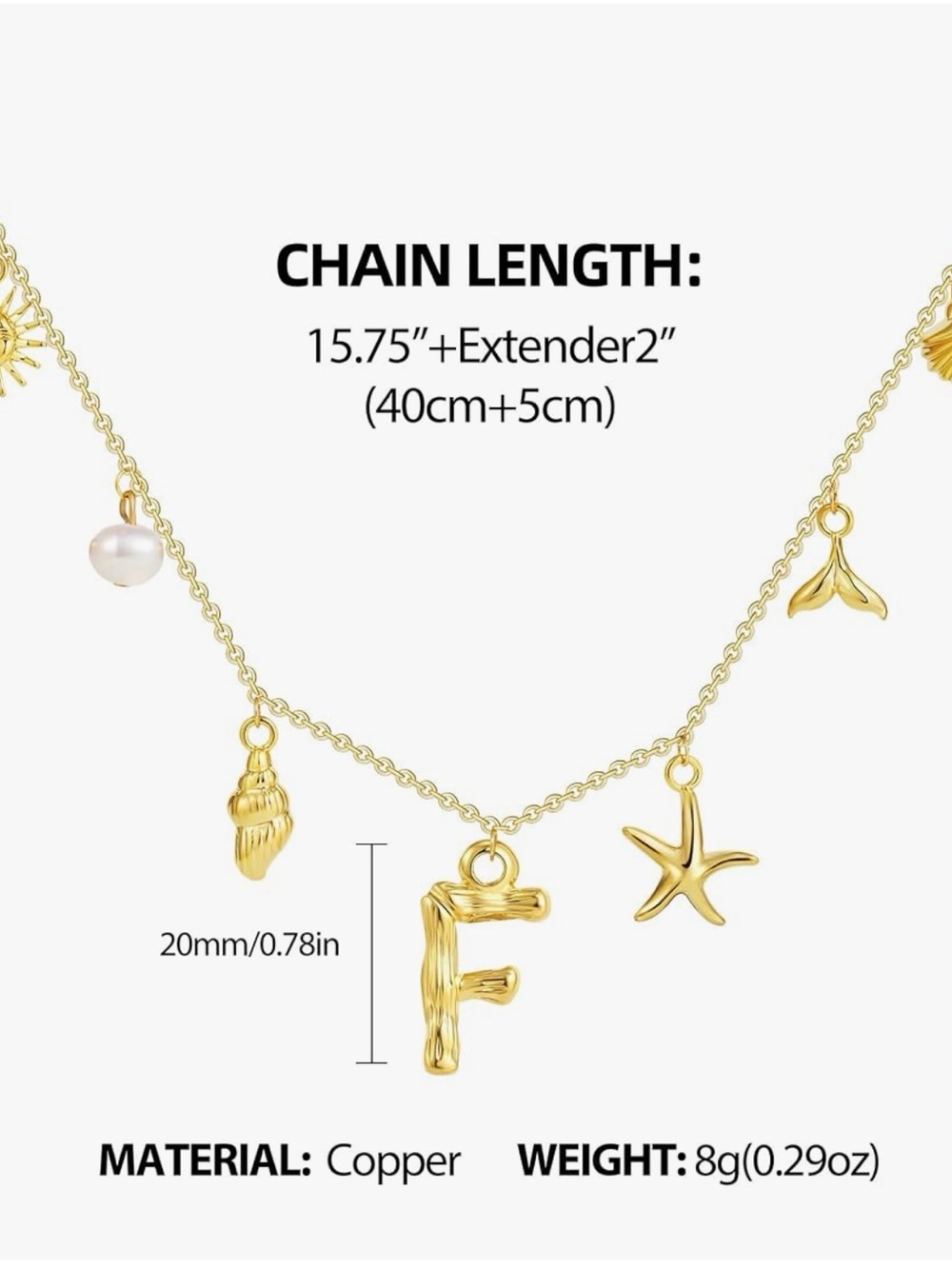 Gold Initial 'F' Charm Necklace with Pearl & Sea Charms - Picture 7 of 7